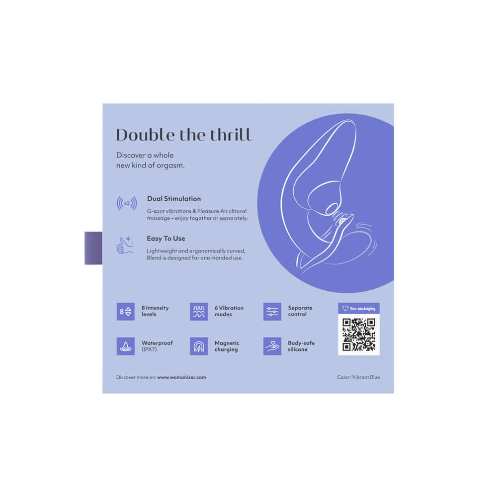 Womanizer Blend Rechargeable Silicone Vibrator with Clitoral Stimulator - Vibrant Blue