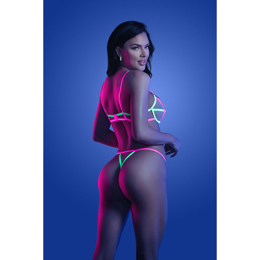 Fantasy Lingerie Glow Head Rush UV Reactive Contrast Binding Bra & Adjustable G-String M/L