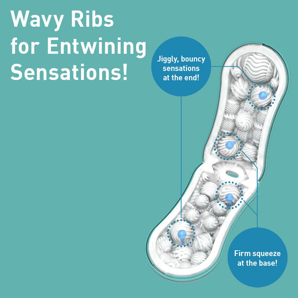 Tenga Flip Orb Ocean Blue Stroker showcasing wavy ribs for entwining sensations with jiggly and firm features.