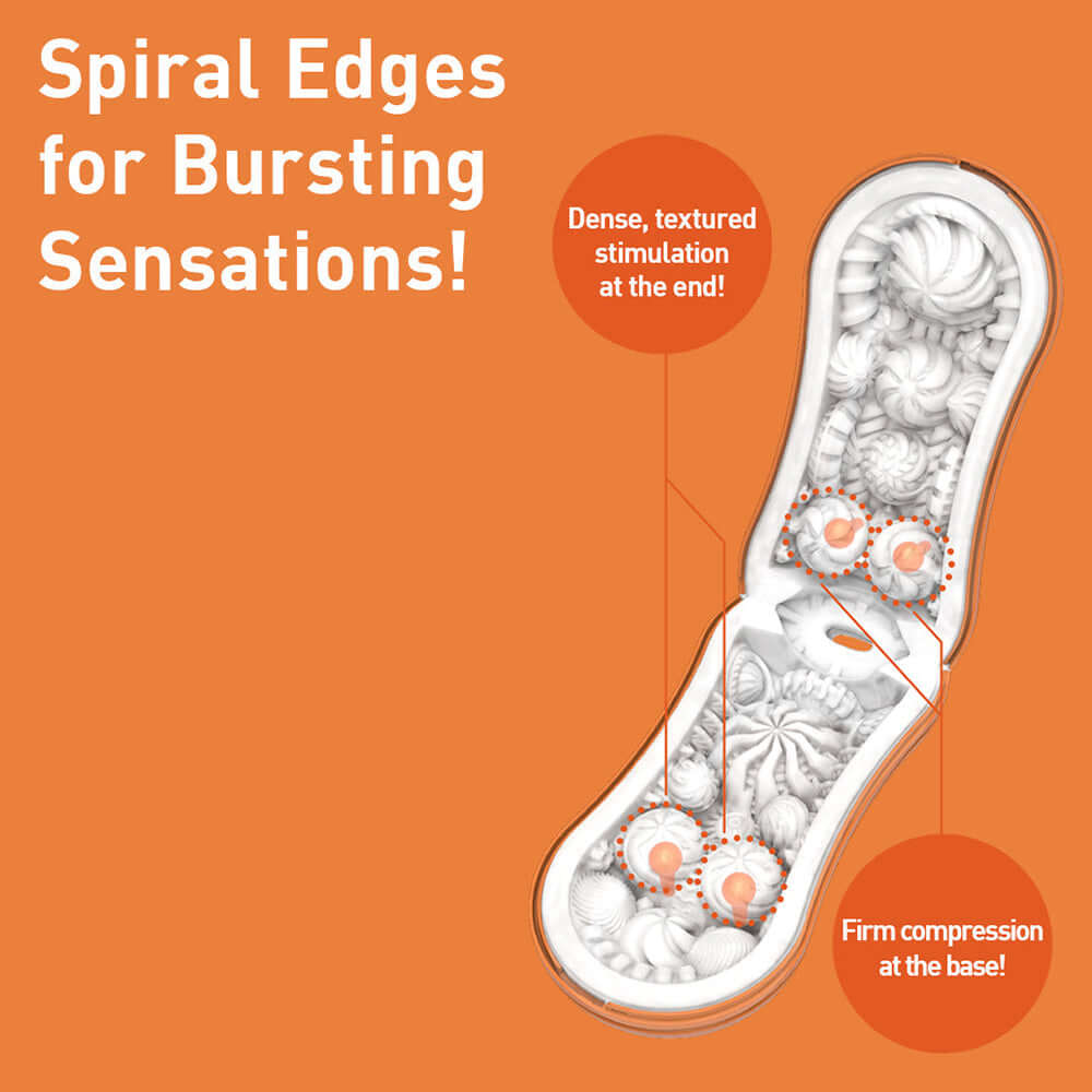 Tenga Flip Orb Sunset Orange Stroker showcasing spiral edges for bursting sensations and textured inner details.