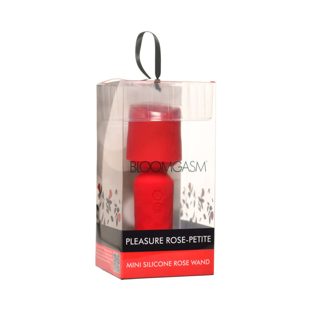 Bloomgasm Pleasure Rose Petite Mini Silicone Rose Wand in clear packaging with red design.