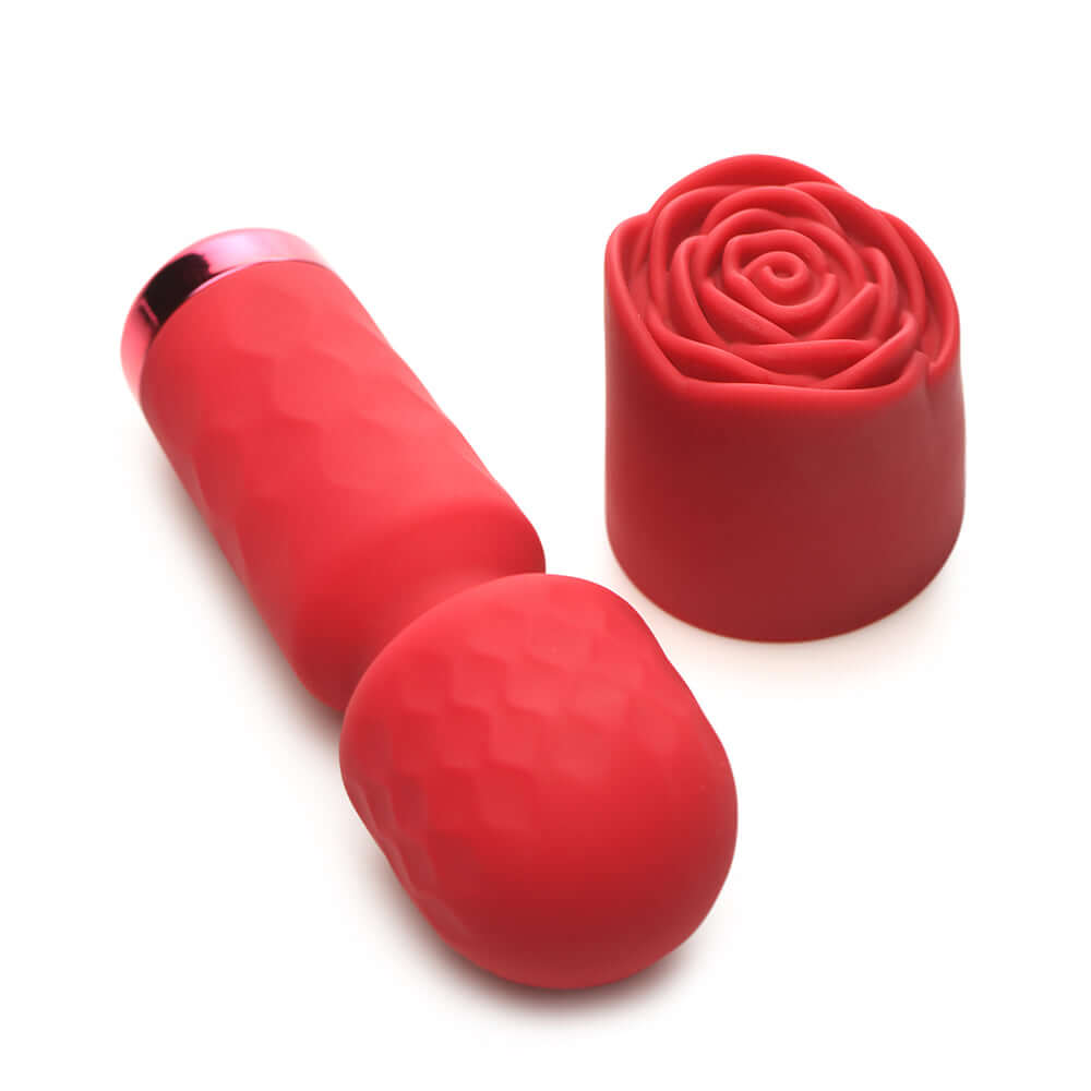 Bloomgasm Pleasure Rose Petite Mini Silicone Rose Wand in red with rose-shaped silicone cover.