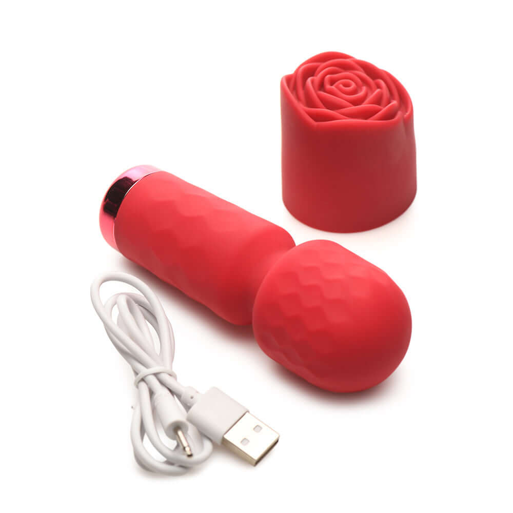 Bloomgasm Pleasure Rose Petite Mini Silicone Rose Wand with USB charging cable and rose-shaped cover.