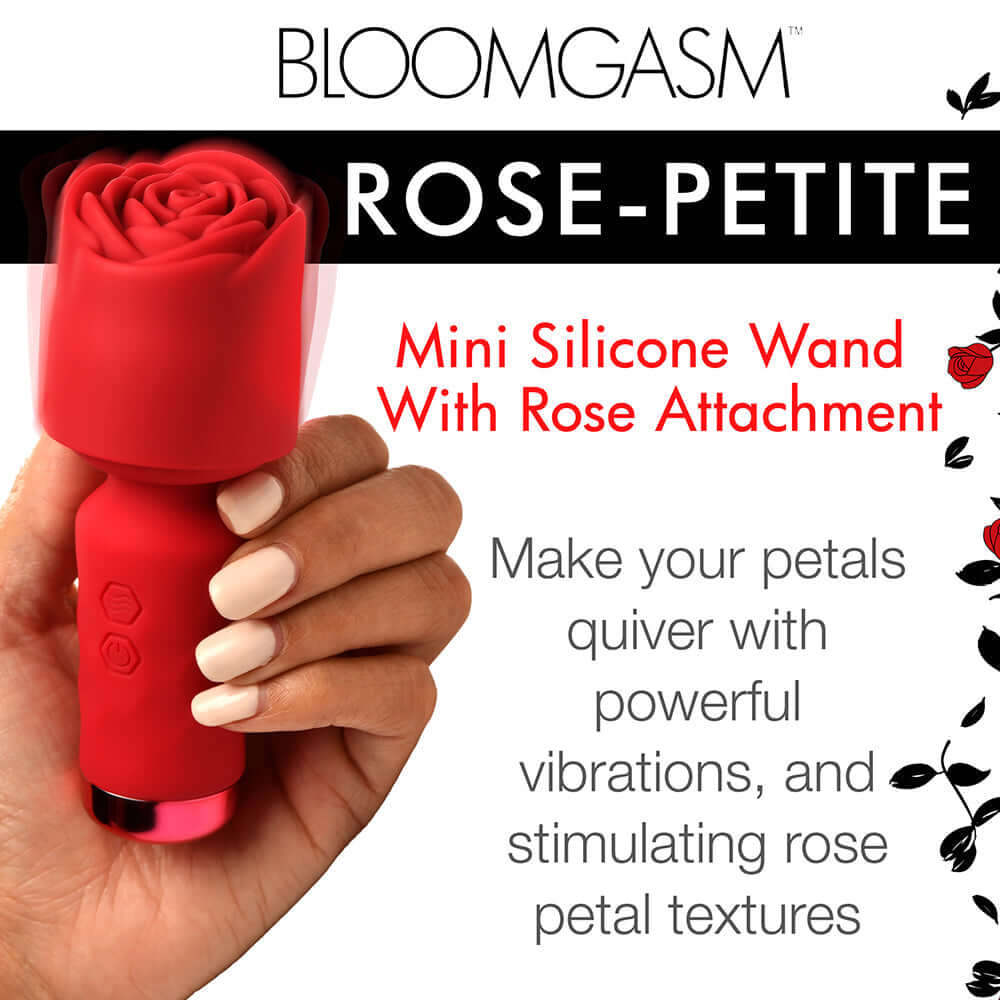 Bloomgasm Pleasure Rose Petite Mini Silicone Rose Wand in red with rose attachment for powerful vibrations.