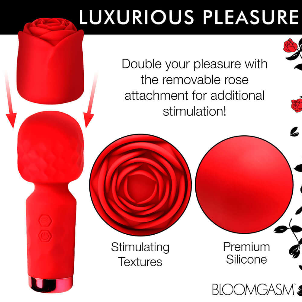 Bloomgasm Pleasure Rose Petite Mini Silicone Rose Wand with removable rose attachment for enhanced pleasure.