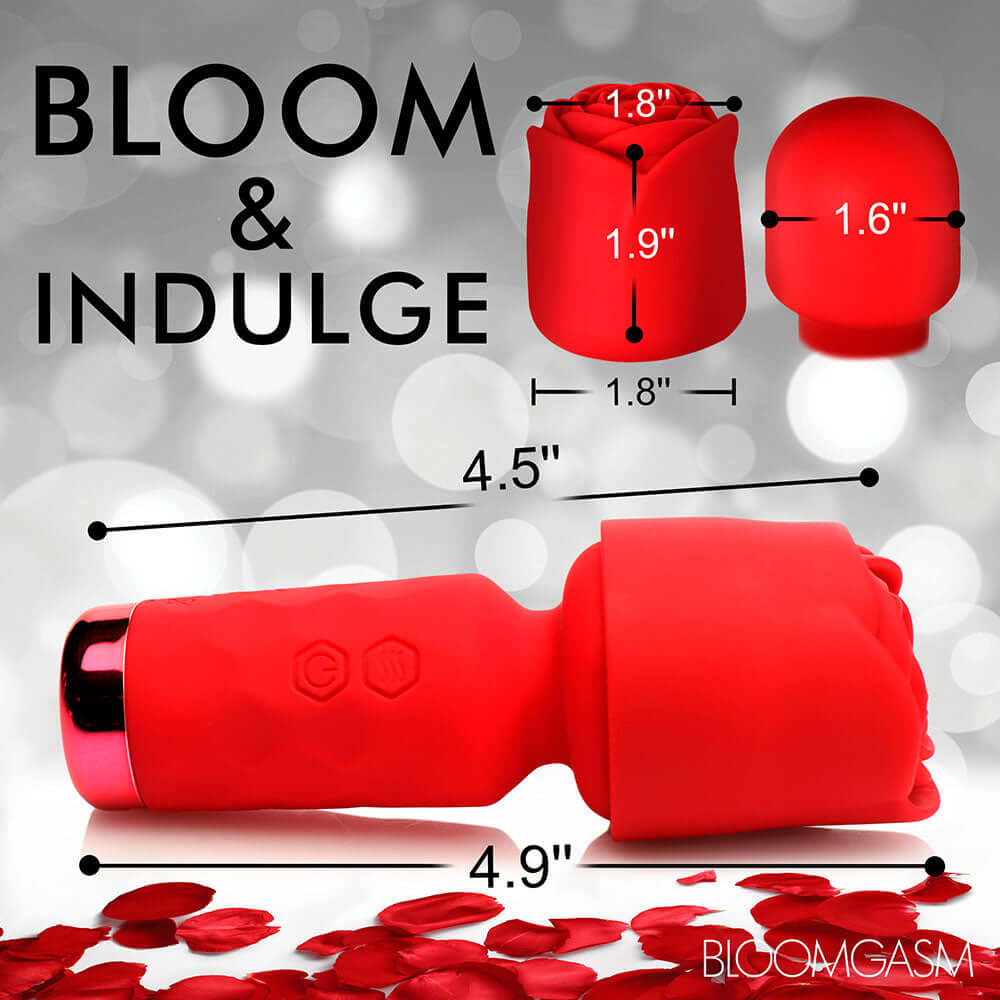 Bloomgasm Pleasure Rose Petite Mini Silicone Rose Wand with measurements and rose design.