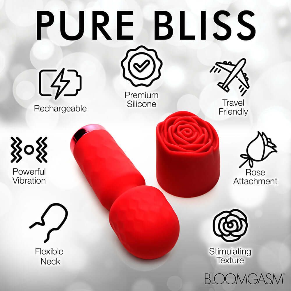 Image showcasing Bloomgasm Pleasure Rose Petite Mini Silicone Rose Wand features: rechargeable, silicone, travel-friendly.