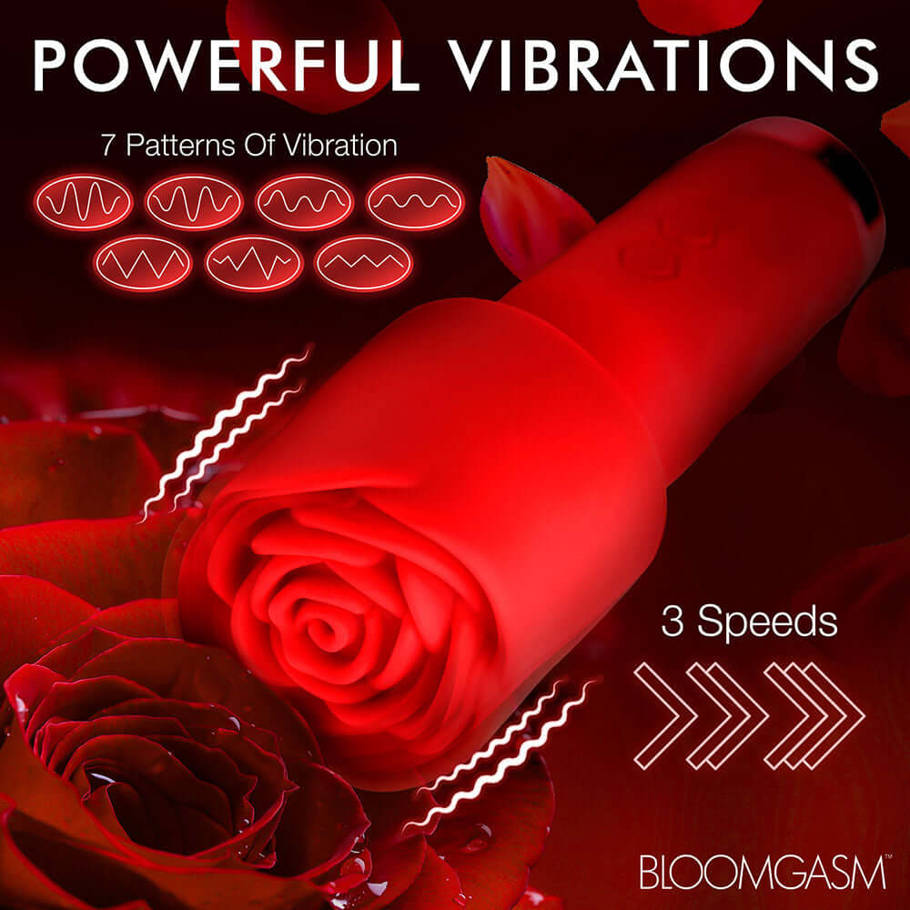 Bloomgasm Pleasure Rose Petite Mini Silicone Rose Wand showcasing powerful vibrations with 7 patterns and 3 speeds.