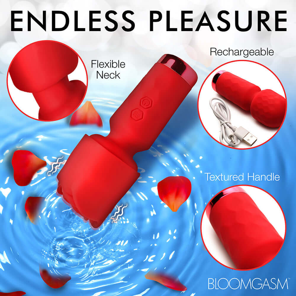 Bloomgasm Pleasure Rose Petite Mini Silicone Rose Wand with flexible neck and textured handle for ultimate satisfaction.