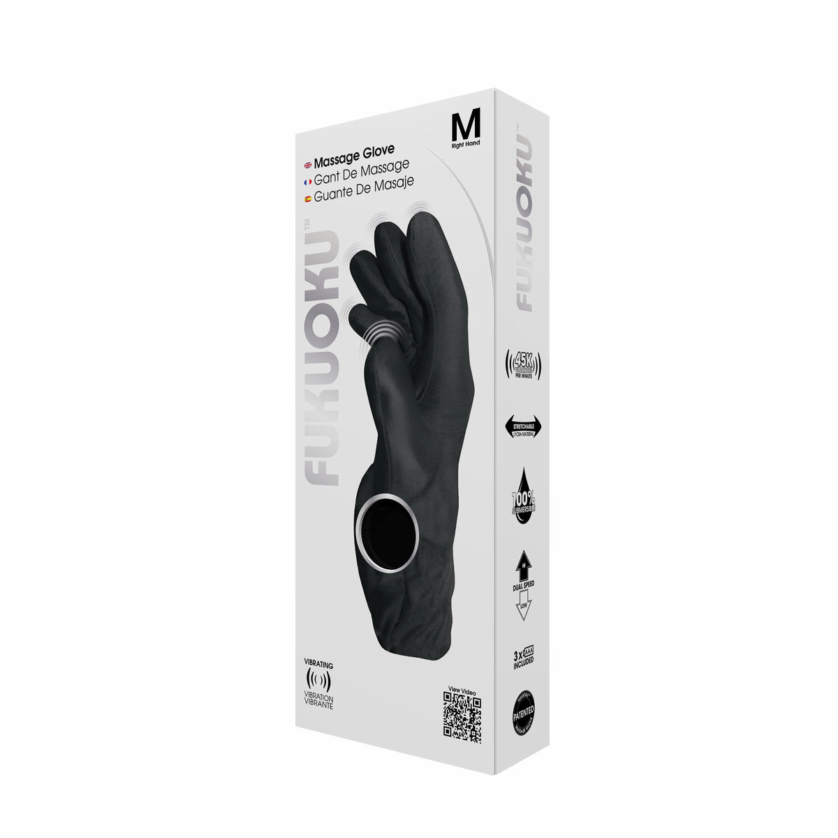 Fukuoku Vibrating Massage Glove Right Hand Medium Black packaging with sleek design and labels.