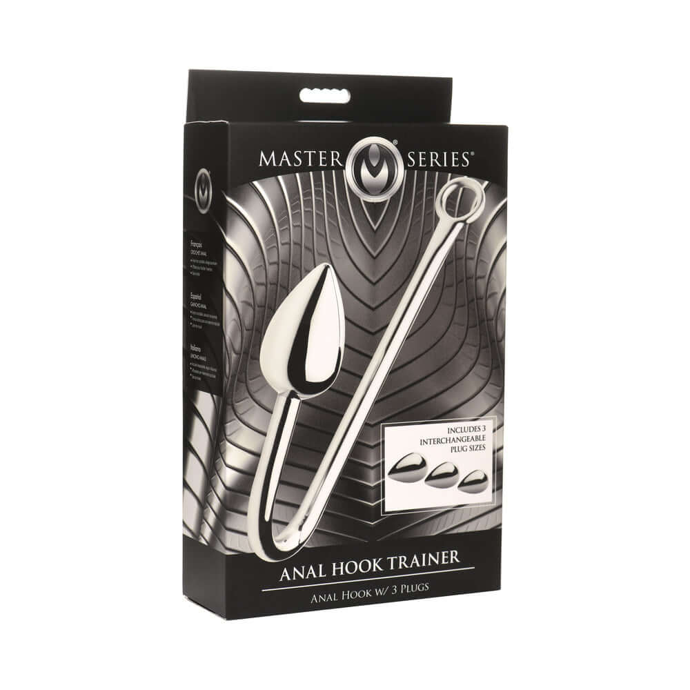 Master Series Anal Hook Trainer Anal Hook with 3 Plugs packaging, showcasing the anal hook and aluminum plugs.