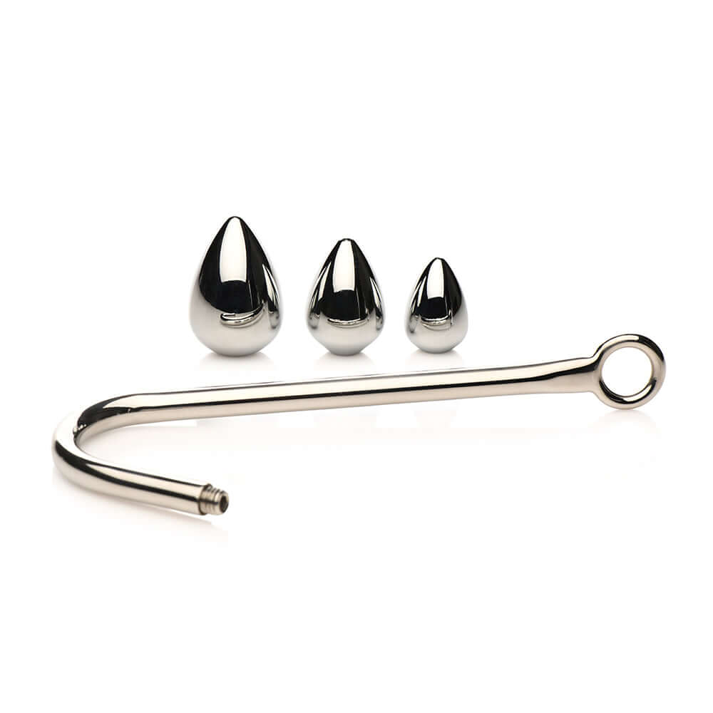 Master Series Anal Hook Trainer Anal Hook with 3 Plugs including a stainless-steel hook and three aluminum plugs.