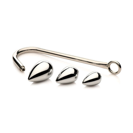Master Series Anal Hook Trainer Anal Hook with 3 Plugs - aluminum plugs and stainless-steel hook for bondage play.