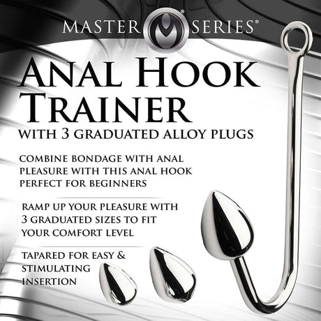 Master Series Anal Hook Trainer Anal Hook with 3 Plugs, featuring tapered graduated alloy plugs for bondage and anal play.