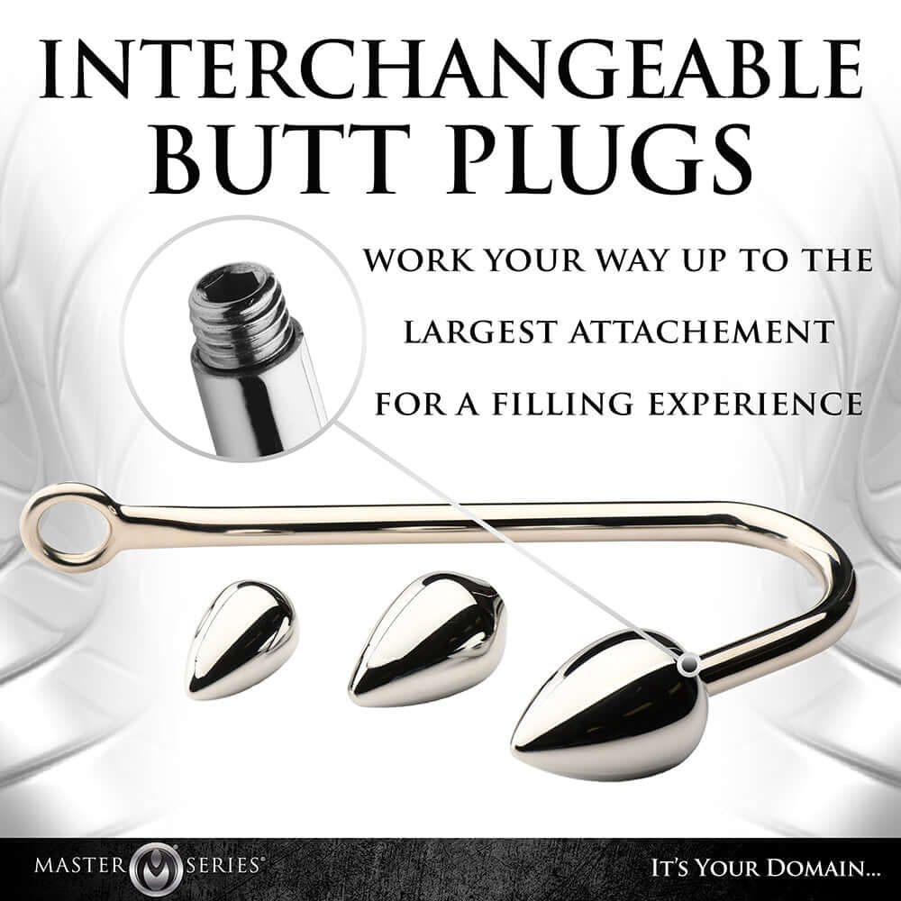 Master Series Anal Hook Trainer Anal Hook with 3 Plugs and interchangeable butt plugs for thrilling anal play.