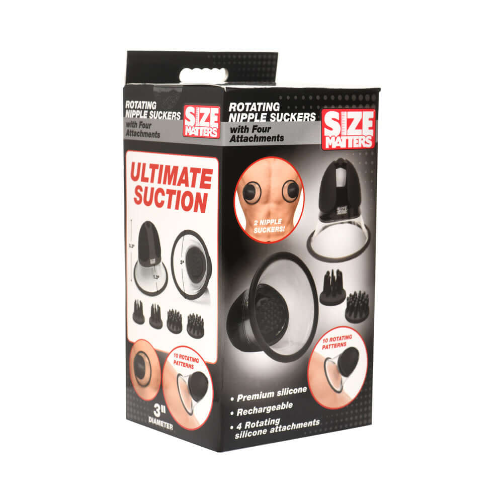 Size Matters 10X Rotating Nipple Suckers with 4 Attachments packaging featuring suction cups and silicone attachments.