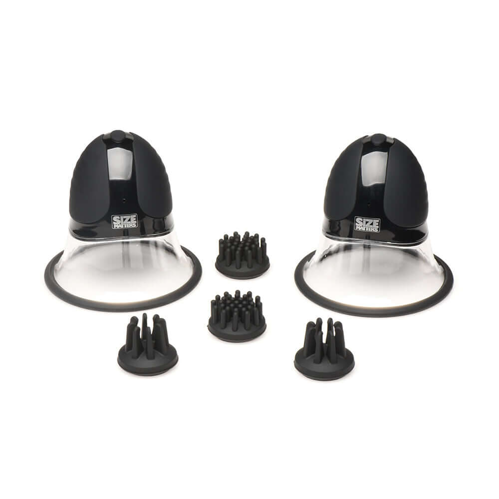 Size Matters 10X Rotating Nipple Suckers with 4 Attachments displayed in a product image showcasing their design and accessories.
