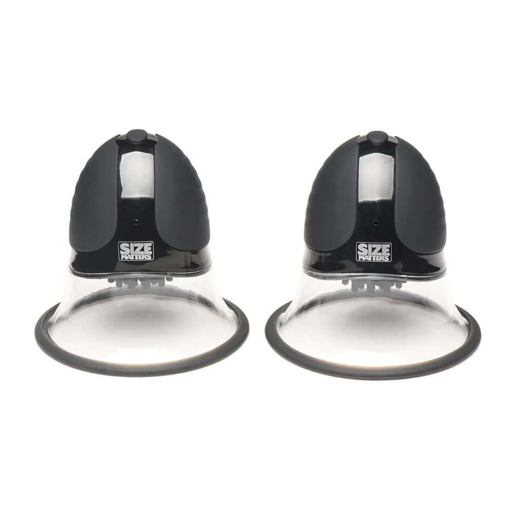 Size Matters 10X Rotating Nipple Suckers with 4 Attachments showcasing two clear suction cups with black tops.