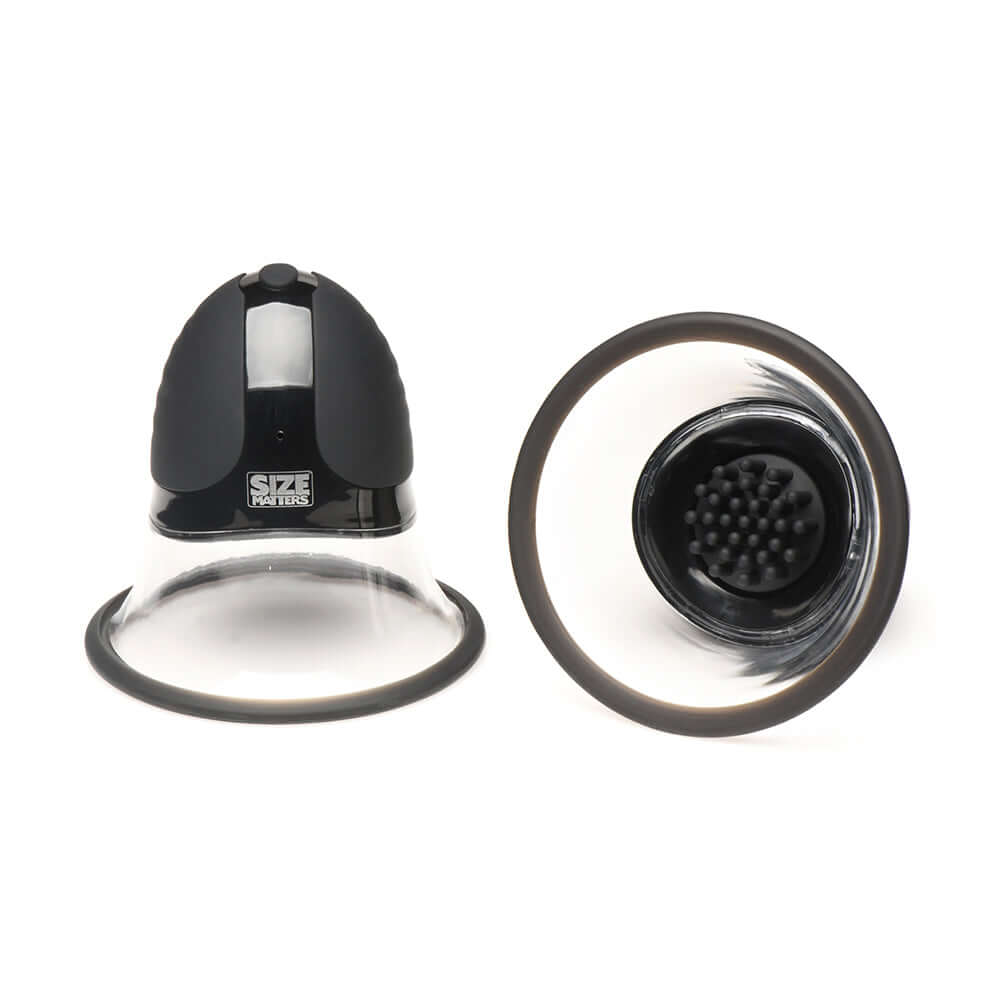 Size Matters 10X Rotating Nipple Suckers with 4 Attachments, showcasing clear silicone design and textured inner surface.