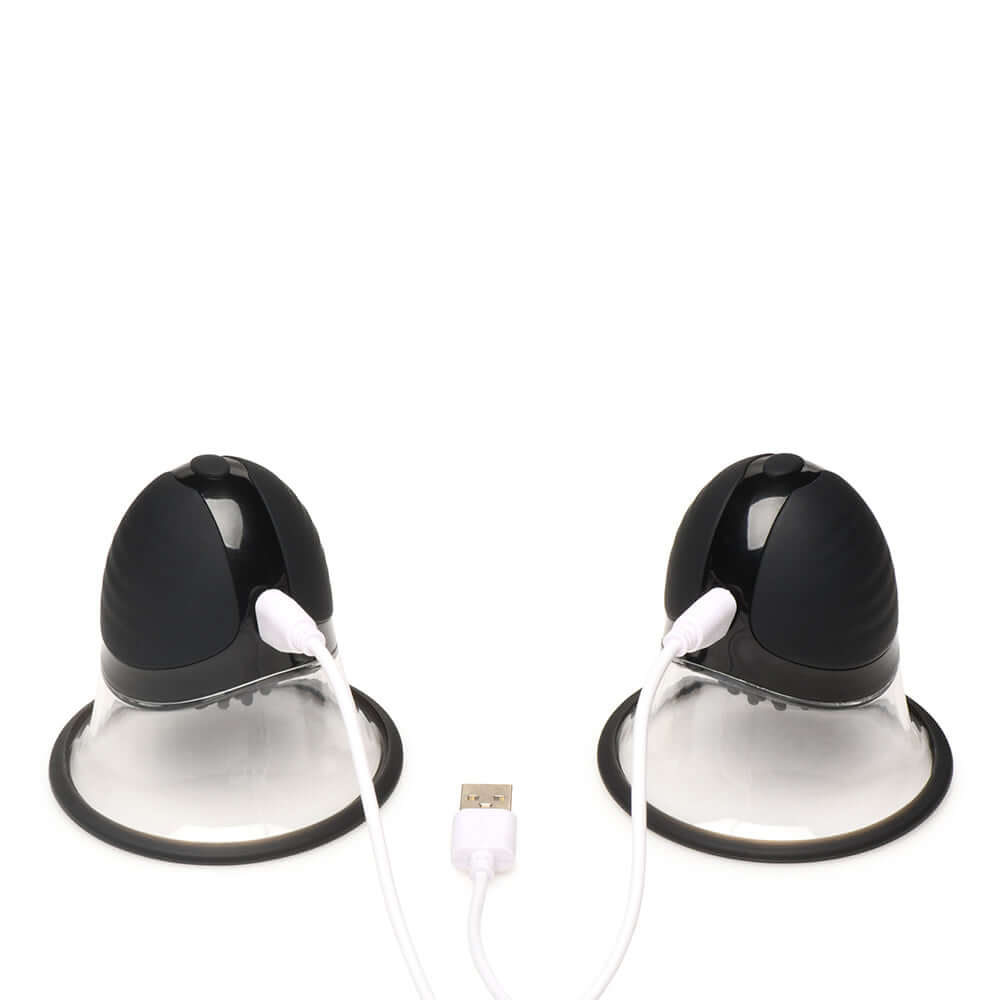 Size Matters 10X Rotating Nipple Suckers with 4 Attachments featuring two silicone suckers and USB connection.