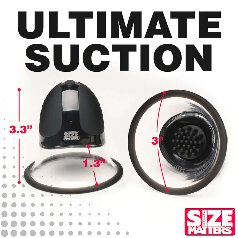 Image of Size Matters 10X Rotating Nipple Suckers with 4 Attachments showcasing suction capabilities and dimensions.