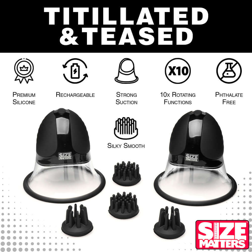Size Matters 10X Rotating Nipple Suckers with 4 Attachments displayed with accessories and features.
