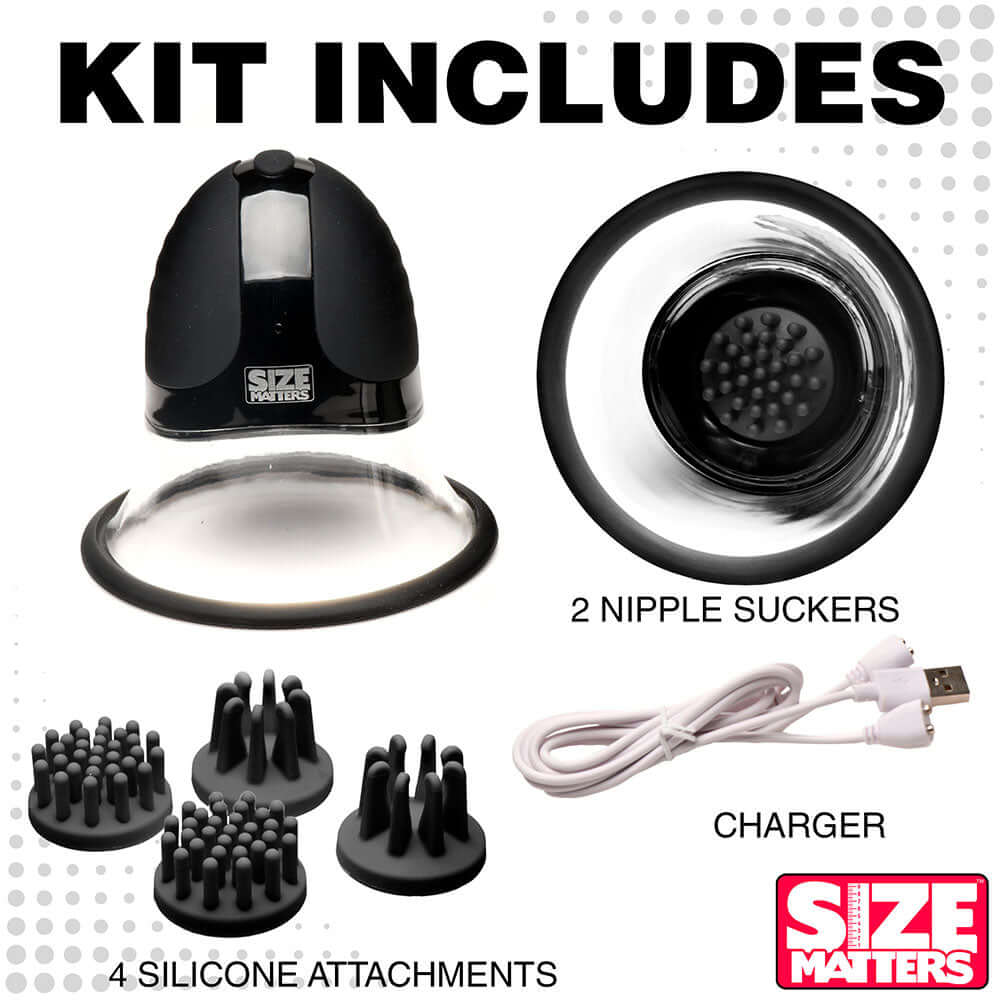 Image of Size Matters 10X Rotating Nipple Suckers with 4 Attachments, including nipple suckers and charger.