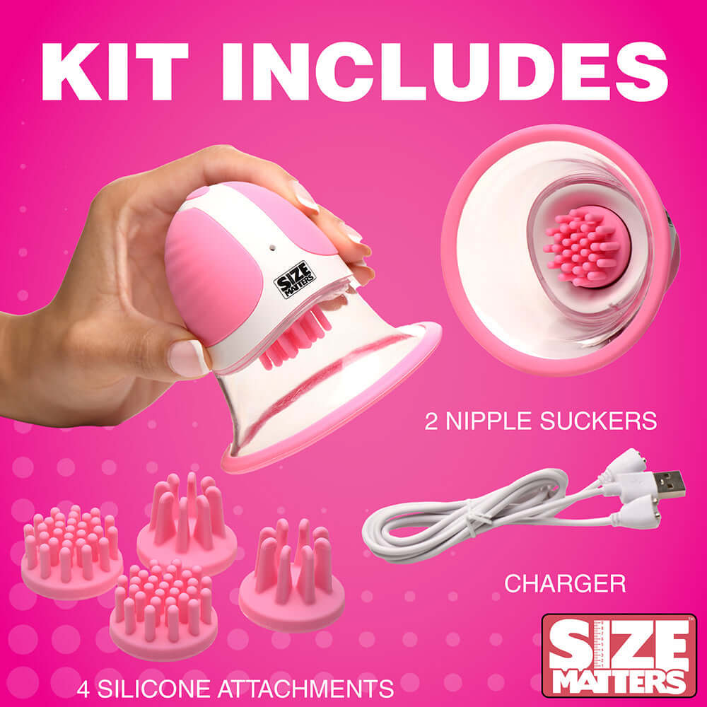 Size Matters 10X Rotating Silicone Nipple Suckers with 4 Attachments Pink
