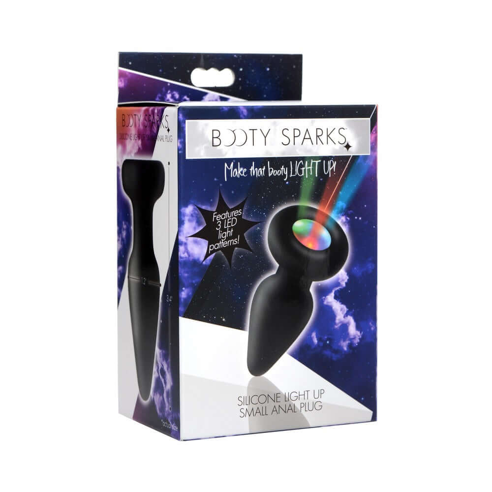 Booty Sparks Silicone Light Up Anal Plug S packaging with LED lights and playful design for fun adult play.