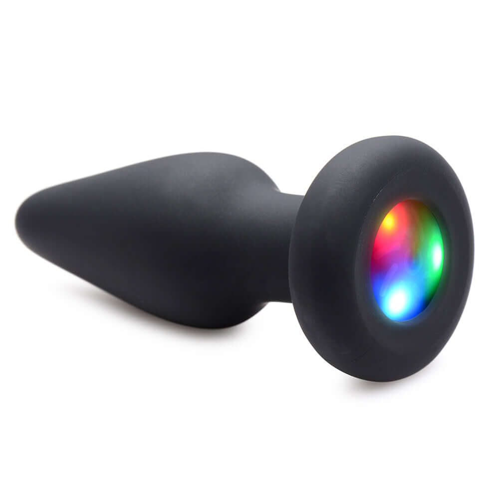 Booty Sparks Silicone Light Up Anal Plug S with colorful LED light and sleek black silicone design.