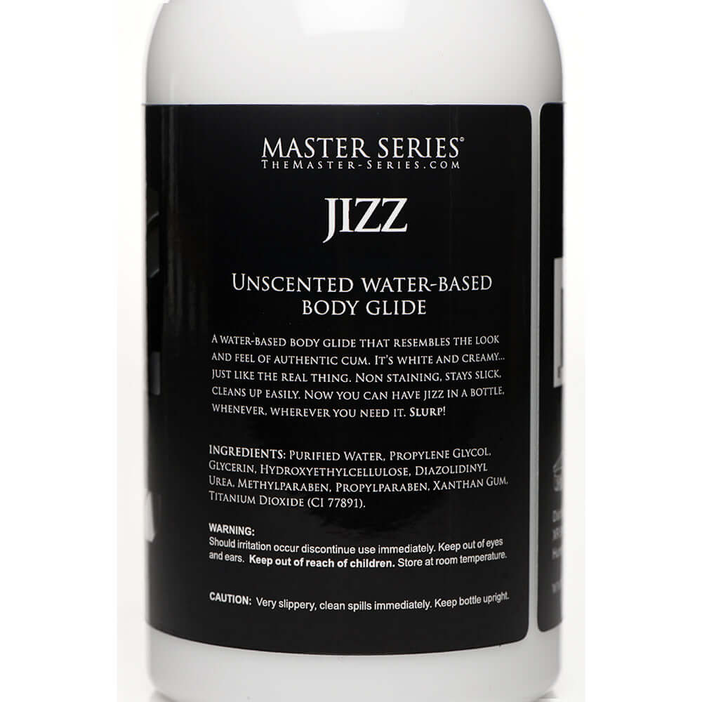 Master Series Unscented Water Based Jizz Lubricant 16 oz bottle label with ingredients and usage instructions.