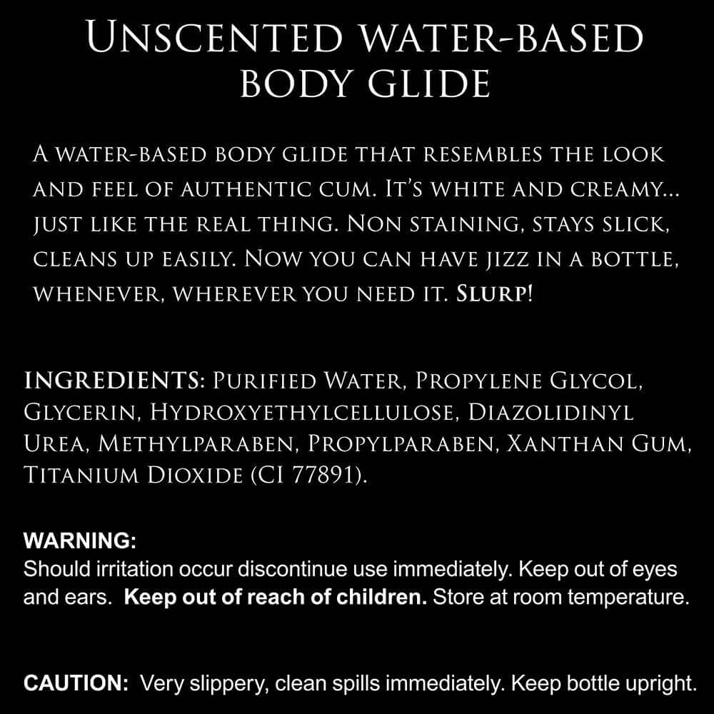 Master Series Unscented Water Based Jizz Lubricant 16 oz. bottle with creamy-white body glide description.
