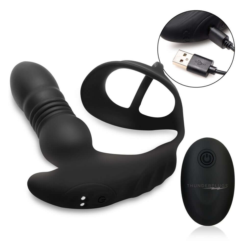 Thunderplugs 10X Thrusting Silicone Vibrator with Cock & Ball Strap & Remote