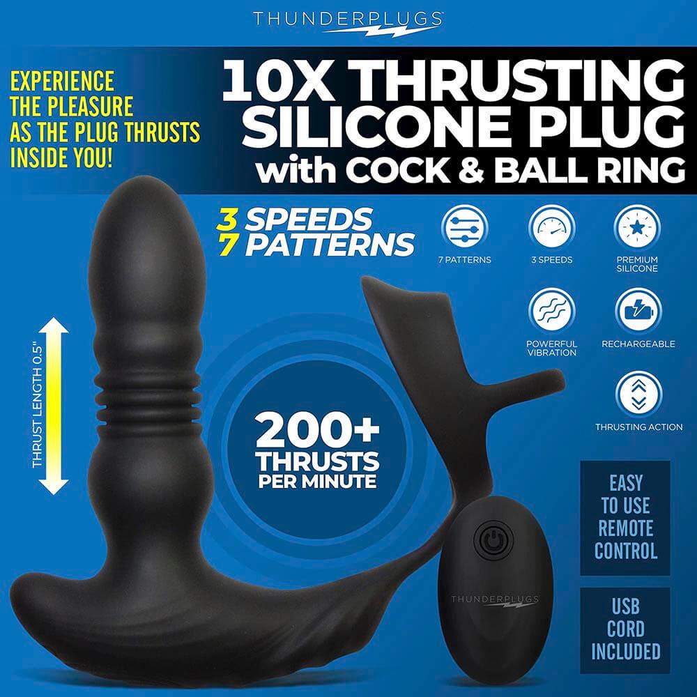 Thunderplugs 10X Thrusting Silicone Vibrator with Cock & Ball Strap & Remote