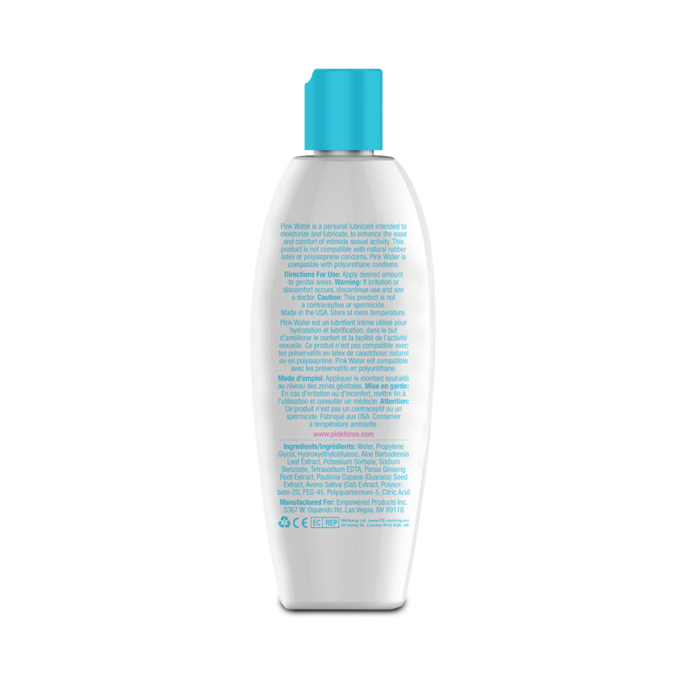 Pink Water Water Based Lubricant 8 Oz bottle back label with ingredients and usage directions.