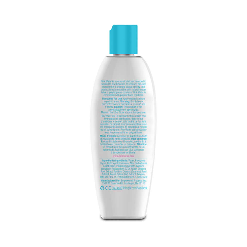Pink Water Water Based Lubricant 8 Oz bottle back label with ingredients and usage directions.