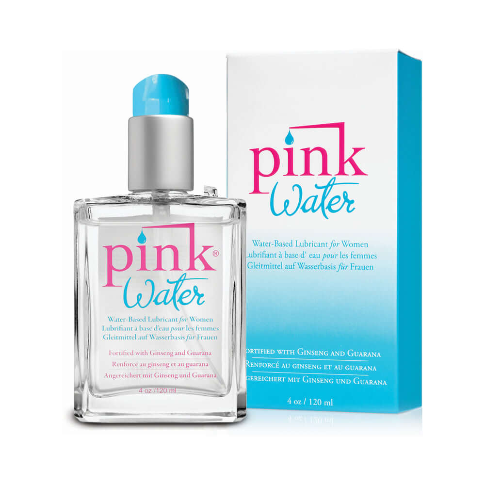 Pink Water Water-Based Lubricant Glass Bottle 4 Oz with packaging and pump, designed for smooth glide.