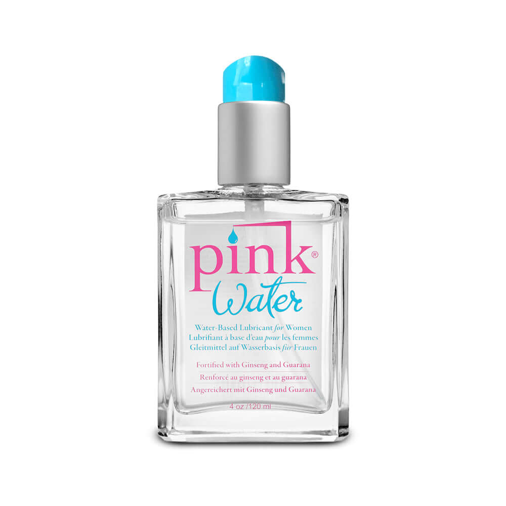 Pink Water Water-Based Lubricant Glass Bottle 4 Oz in clear container with blue cap for smooth application.