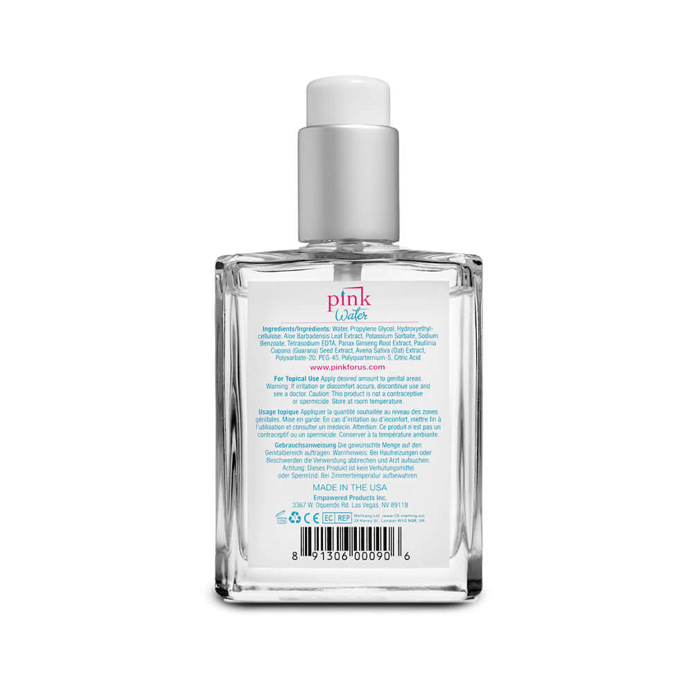 Pink Water Water-Based Lubricant Glass Bottle 4 Oz back label with ingredients and instructions.