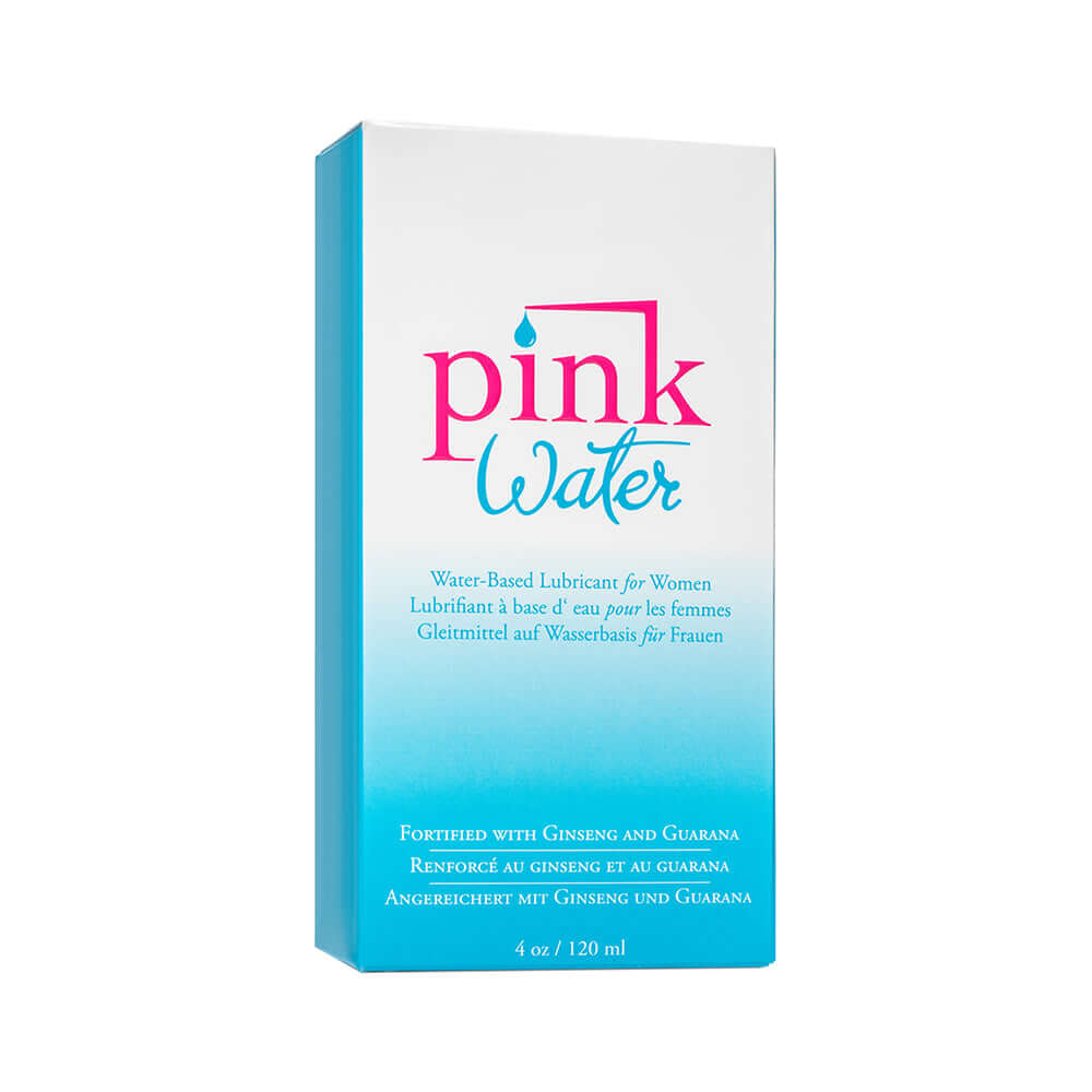 Pink Water Water-Based Lubricant Glass Bottle 4 Oz packaging featuring blue and pink design.