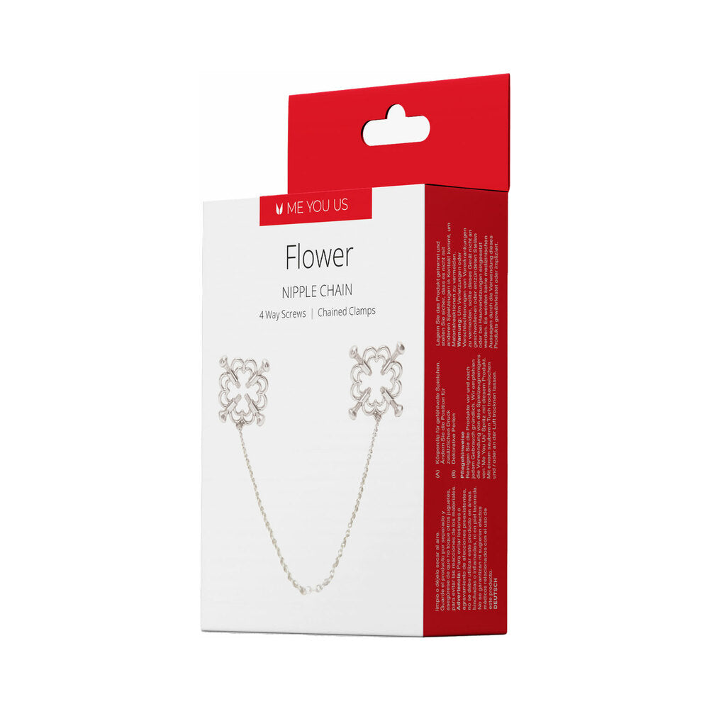 Me You Us Flower Design Nipple Chain packaging with flower clamps and description.
