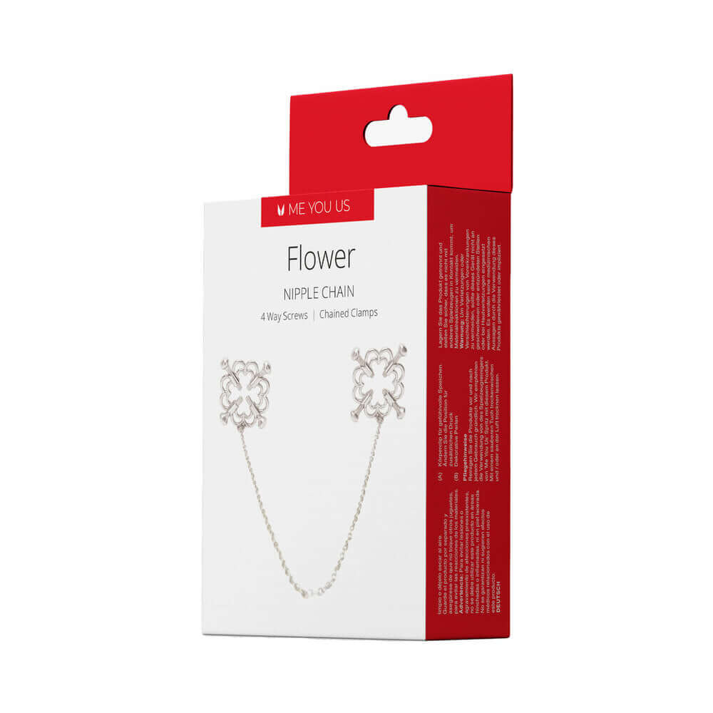 Me You Us Flower Design Nipple Chain packaging with flower clamps and description.