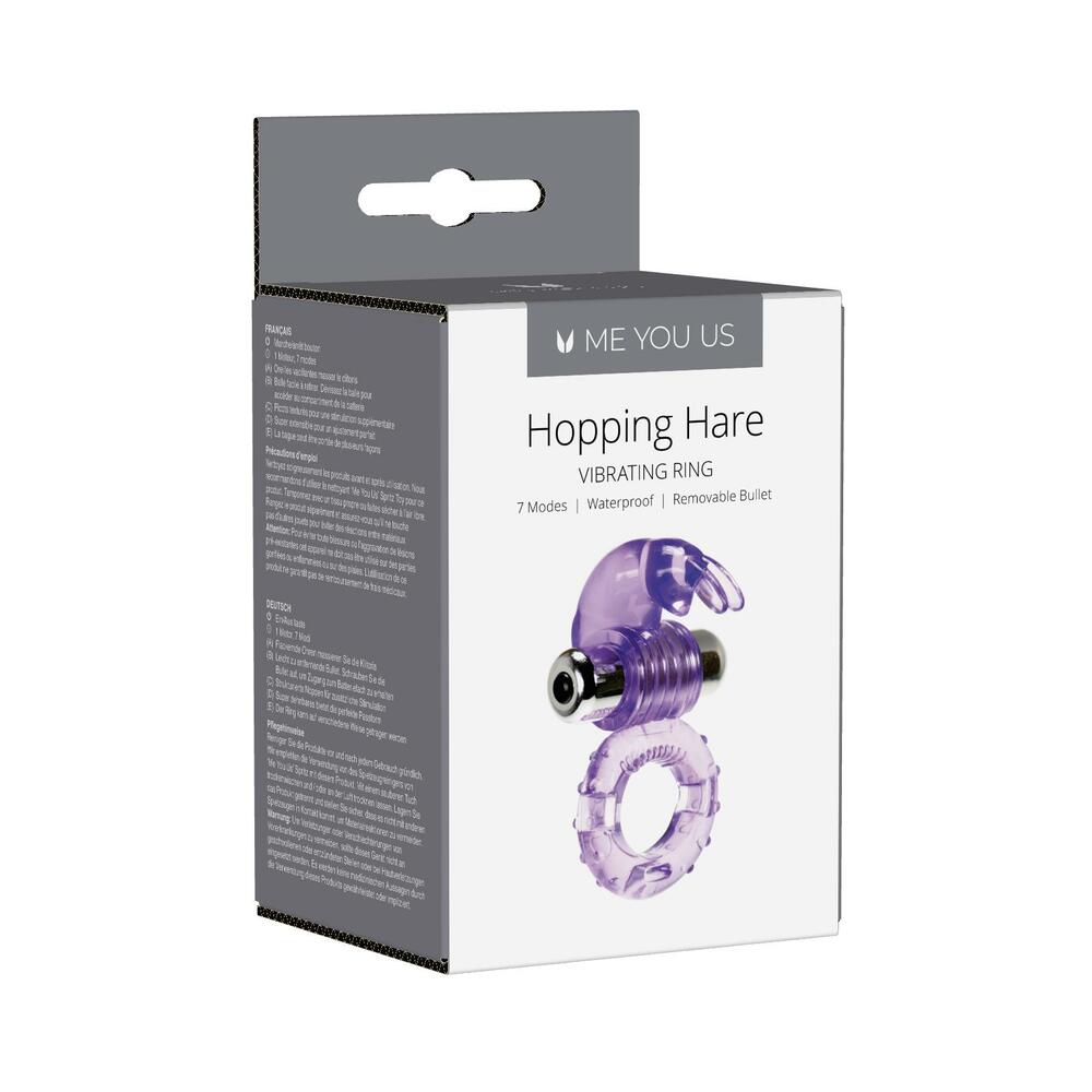 Me You Us Hopping Hare Vibrating Cock Ring packaging with removable bullet and waterproof features.
