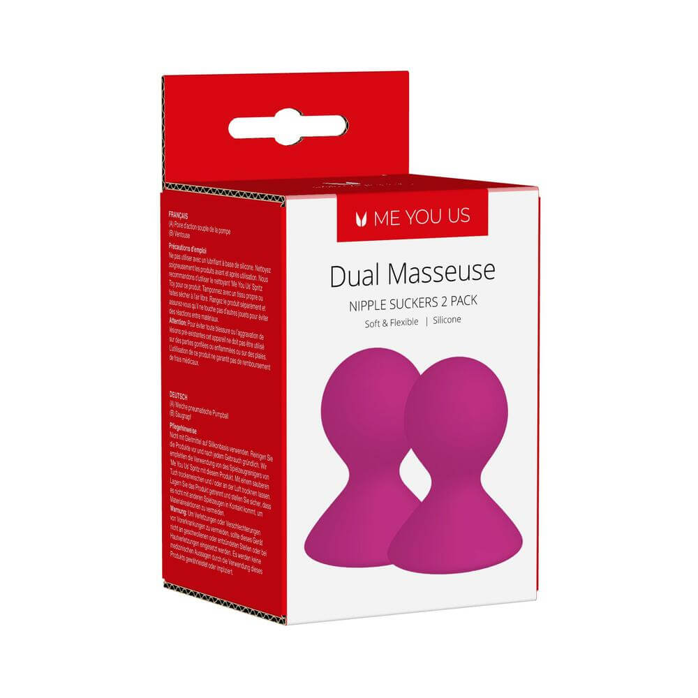 Me You Us Dual Masseuse Silicone Nipple Sucker Purple packaging with 2 nipple suckers in a vibrant pink.