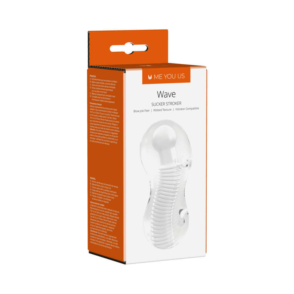 Me You Us Wave Sucker Stroker Clear packaging showcasing its design and features for an optimal sensual experience.