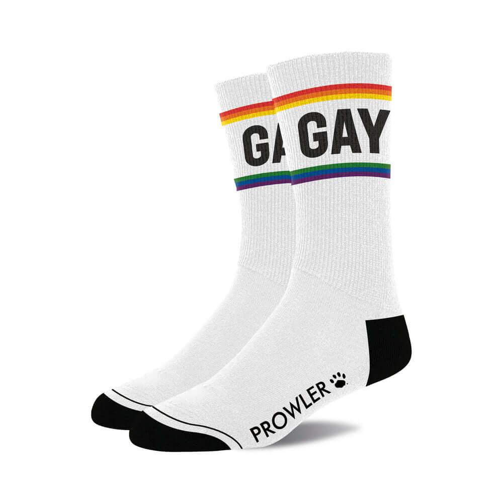 Prowler Gay Socks featuring vibrant rainbow stripes and black accents, promoting style and pride.