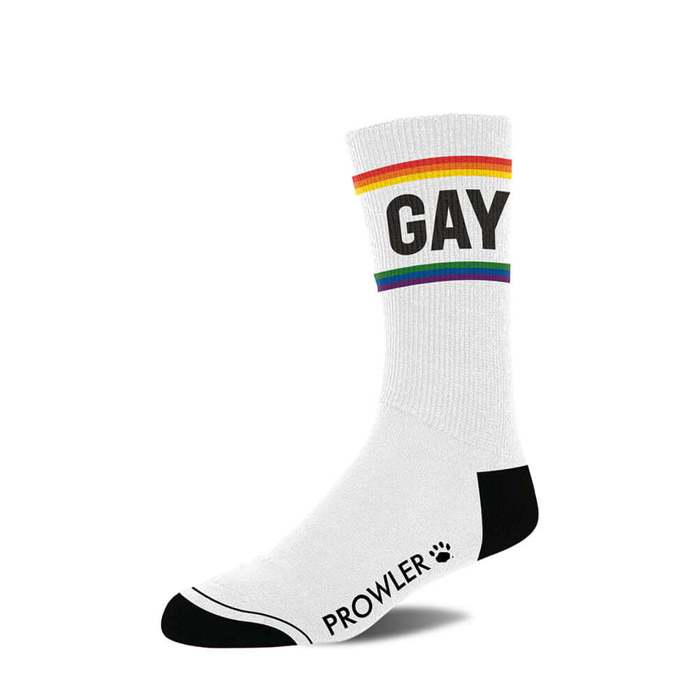 Prowler Gay Socks featuring rainbow stripes and the word 'Gay' for bold pride and style.