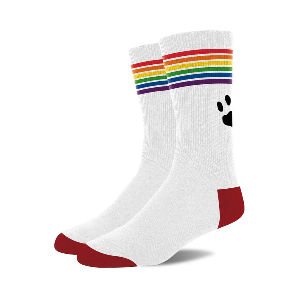Prowler Pride Socks White featuring a rainbow band and iconic Prowler paw design for comfort and style.
