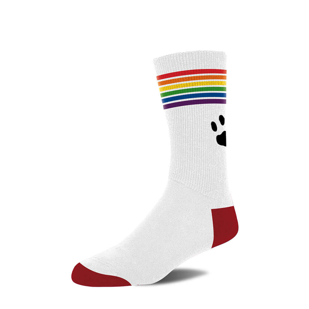 Prowler Pride Socks White featuring a rainbow band and Prowler paw design for comfort and style.
