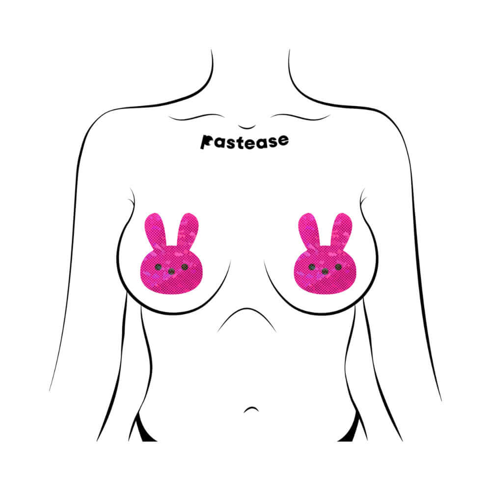 Pastease Glittery Pink Marshmallow Easter Bunny Nipple Pasties on a body silhouette, adding playful charm.